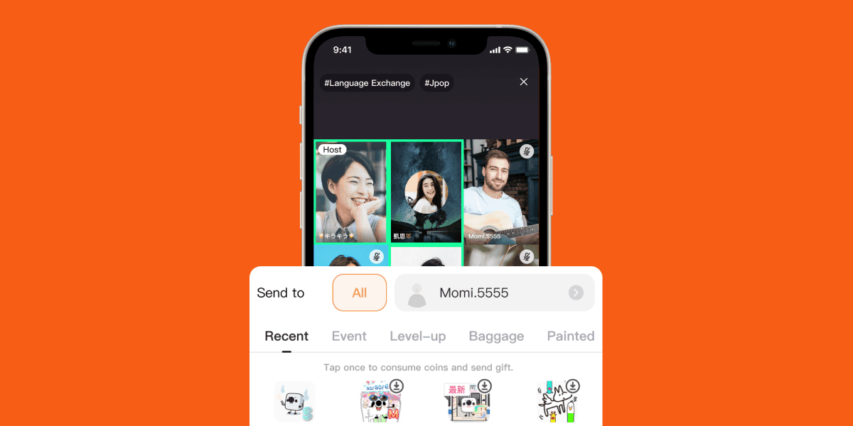 Phone mockup showing a 'Send to' gift picker with an 'All' recipient toggle