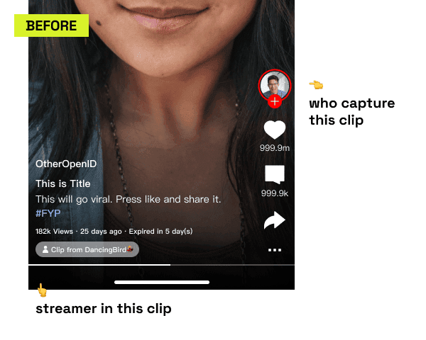 Before: clip creator's identity is the prominent badge, attribution reads 'Clip from DancingBird'