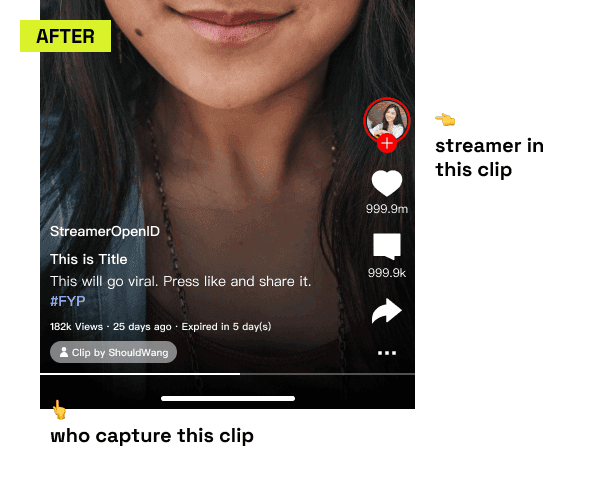 After: streamer's own identity is the prominent badge, attribution reads 'Clip by ShouldWang'