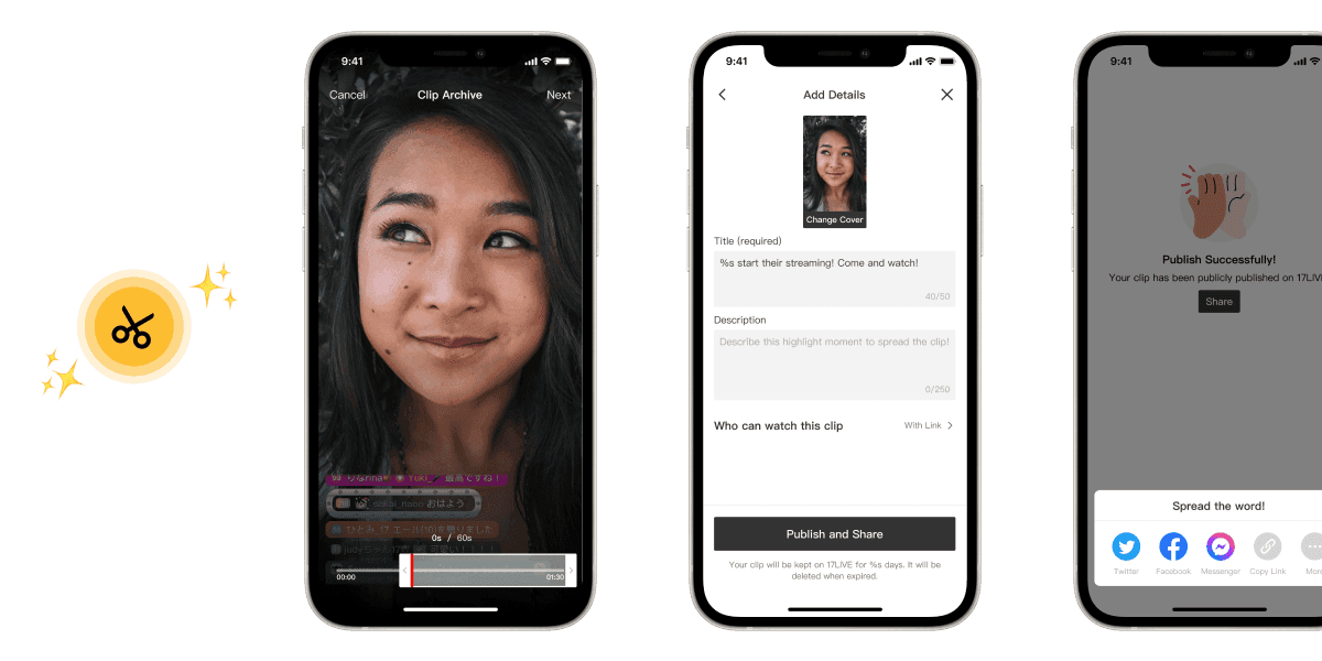 Three-phone clip creation flow: trim screen, add details screen, and publish confirmation